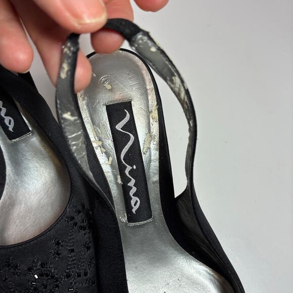 Nina Slingback Heels 6.5M BEADED Shoes Dressy Black Leather soles Classic Luxury - Picture 7 of 10